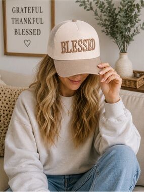 'BLESSED' Trucker Hat in Cream and Ash Mocha